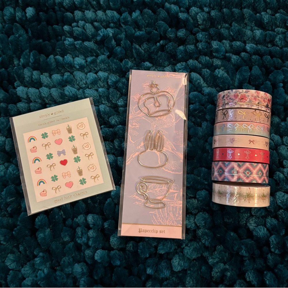 Simply Gilded 7 new rolls of washi tape paper clips and nail decals bows florals